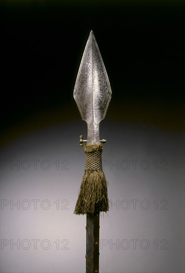 Parade Spear, c. 1570-1600. Germany, Augsburg?, 16th century. Steel, etched; brass lugs; hexagonal wood haft with leather straps; woolen tassel; overall: 208.2 cm (81 15/16 in.); blade: 29.5 cm (11 5/8 in.).