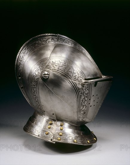 Close Helmet, c. 1575. North Italy, Brescia (?), 16th century. Steel with etched decorative bands and roundels; overall: 29.5 x 28.5 x 23 cm (11 5/8 x 11 1/4 x 9 1/16 in.)