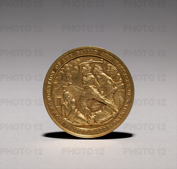 Medal: In Commemoration of the Battle and Massacre of Wyoming, 3 July 1778 (obverse), 1878. America, 18th century. Gilt bronze; diameter: 3.7 cm (1 7/16 in.).