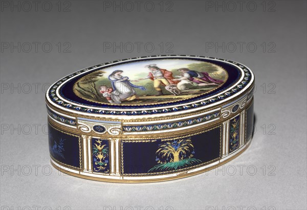 Box, late 1700s. Georges Rémond et Cie (Swiss). Gold and enamel; overall: 2.6 x 8.7 x 5.8 cm (1 x 3 7/16 x 2 5/16 in.).