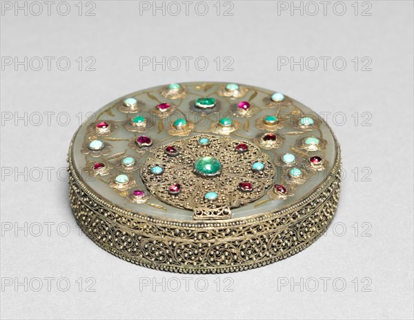 Box, 1800s. Turkey, 19th century. Jade, gilt metal, turquoise, emeralds (?), rubies (?); overall: 2 x 7.4 cm (13/16 x 2 15/16 in.).