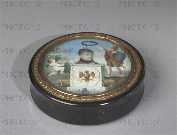 Snuff Box, early 1800s. Switzerland, early 19th century. Tortoiseshell with painted automaton miniature under glass mounted in gold on gilt metal; overall: 2.3 x 8 cm (7/8 x 3 1/8 in.).