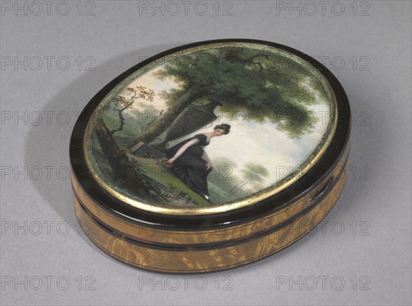 Snuff Box with Figures, late 18th century. Continental, (France), late 18th century. Watercolor on ivory, wood and tortoiseshell with painted miniatues under glass and gilt metal mounts; overall: 4.2 x 8.9 x 7.5 cm (1 5/8 x 3 1/2 x 2 15/16 in.).