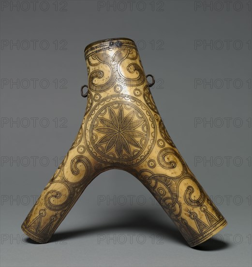 Powder Flask, 1600s. Austria, Tyrol, 17th century. Horn, engraved; overall: 21.3 x 20 cm (8 3/8 x 7 7/8 in.).