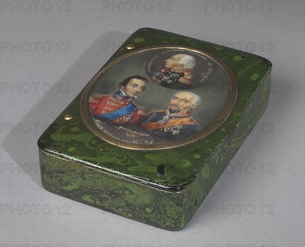 Box, c. 1815. Russia, possibly Korobov Factory, early 19th century. Lacquered wood with painted miniature under glass; overall: 2.9 x 8.9 x 6.3 cm (1 1/8 x 3 1/2 x 2 1/2 in.).