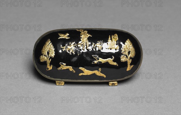 Snuff Box, 1800s. Germany, 19th century. Enamel on copper with metal mounts; overall: 3 x 7.7 x 3.9 cm (1 3/16 x 3 1/16 x 1 9/16 in.).