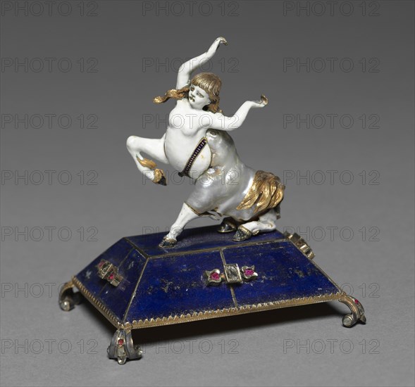 Female Centaur, late 1800s. Austria, Vienna, late 19th century. Enamel, pearl, on lapis lazuli stand set with diamonds and rubies mounted in silver gilt; overall: 8.6 x 8.6 x 5.8 cm (3 3/8 x 3 3/8 x 2 5/16 in.).