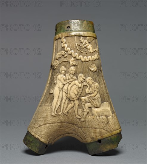 Powder Flask, c. 1550-1580. Austria (?) or Germany, 16th century. Staghorn (two branches) with carved relief scene of the Judgement of Paris, mounts missing; overall: 17.8 x 13.4 cm (7 x 5 1/4 in.).