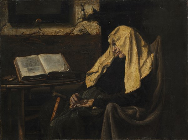 Old Woman Asleep, Mid 19th century. Possibly France, mid-19th Century. Oil on fabric; unframed: 31.8 x 41.3 cm (12 1/2 x 16 1/4 in.)