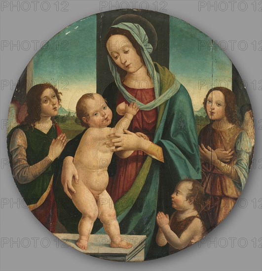 Virgin and Child with John the Baptist and Angels, c. 1500. Pietro del Donzello (Italian, 1452-1509). Oil on wood; framed: 120 x 120 x 7 cm (47 1/4 x 47 1/4 x 2 3/4 in.); diameter: 95.2 x 92.8 cm (37 1/2 x 36 9/16 in.).
