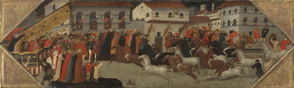 Panel from a Cassone: The Race of the Palio in the Streets of Florence, 1418. Giovanni Francesco Toscani (Italian, c. 1380-1430). Tempera and gold on wood; framed: 46.5 x 143.5 x 7 cm (18 5/16 x 56 1/2 x 2 3/4 in.); unframed: 42.1 x 139.5 cm (16 9/16 x 54 15/16 in.).
