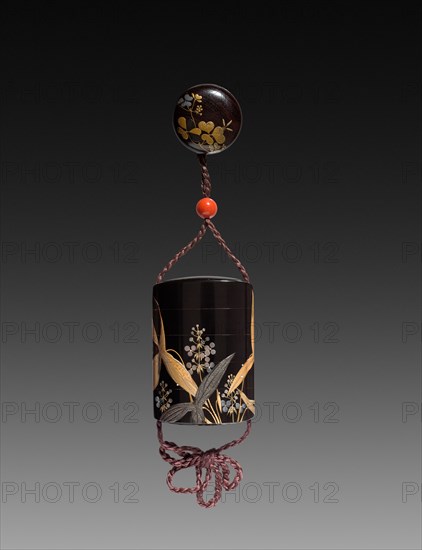 Inro, Ojime, Netsuke, later 1800s. Shibata Zeshin (Japanese, 1807-1891). Lacquer with  sprinkled gold, silver, and mother-of-pearl design, coral, and wood; overall: 8 x 5.3 cm (3 1/8 x 2 1/16 in.).