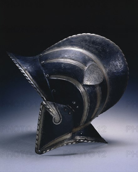 Black and White Burgonet (of the Civic Guard of Bologna), c. 1580-1600. Italy, late 16th Century. Steel with black paint; overall: 31.8 x 35.6 x 19 cm (12 1/2 x 14 x 7 1/2 in.)