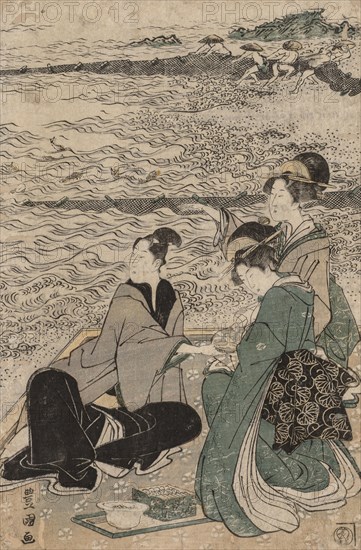 Man and Two Women at the Sea Shore, 1769-1825. Utagawa Toyokuni (Japanese, 1769-1825). Color woodblock print;