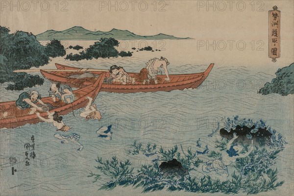 Abalone Divers off the Coast of Ise, from an Untitled Landscape Series, early 1830s. Utagawa Kunisada (Japanese, 1786-1865). Color woodblock print; overall: 27.4 x 40 cm (10 13/16 x 15 3/4 in.).