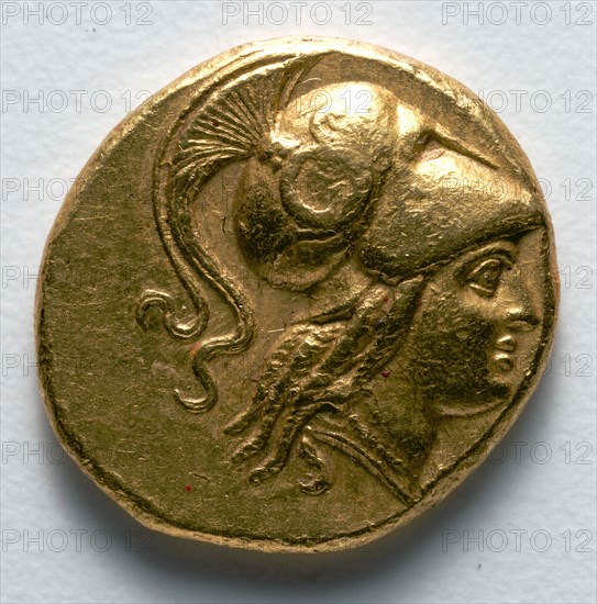 Stater: Head of Athena (obverse), 336-323 BC. Greece, Macedonia, 4th century BC. Gold; diameter: 1.9 cm (3/4 in.).