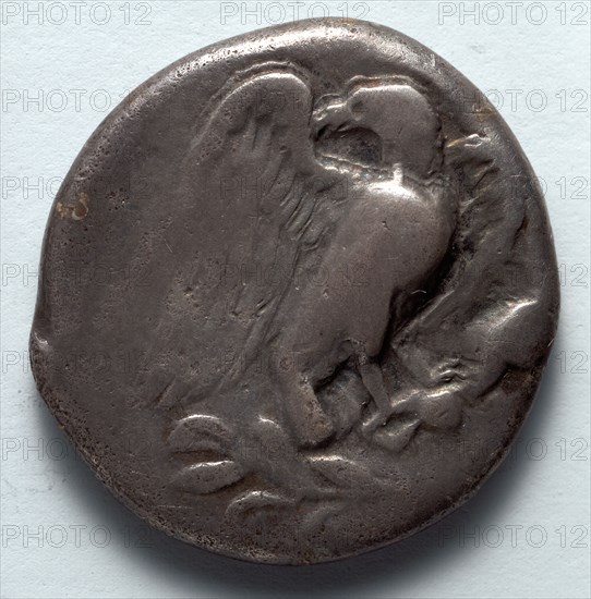 Stater: Eagle with Spread Wings on Olive Branch  (obverse), 471-421 BC. Greece, Elis for Olympic Festivals, 5th century BC. Silver; diameter: 2.6 cm (1 in.).