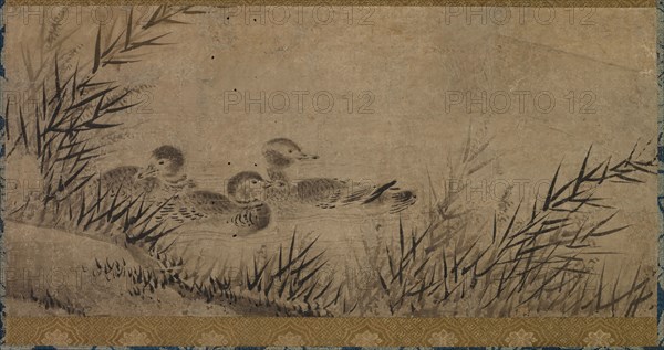 Ducks and Reeds, 17th century. Japan, Kano  School, Momoyama (1573-1615)- Edo (1615-1868) periods. Hanging scroll; black and white on paper; including mounting: 19.2 x 39.1 cm (7 9/16 x 15 3/8 in.).