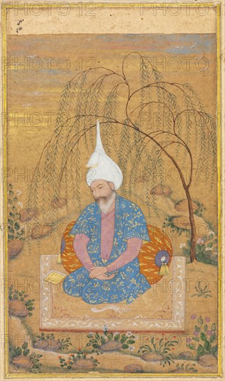 Shah Tahmasp I (1514-1576) Seated in a Landscape, c. 1575. Iran, Qazvin, Safavid period (1501-1722). Opaque watercolor and gold on paper; sheet: 30 x 21.1 cm (11 13/16 x 8 5/16 in.); image: 14.3 x 8.9 cm (5 5/8 x 3 1/2 in.).