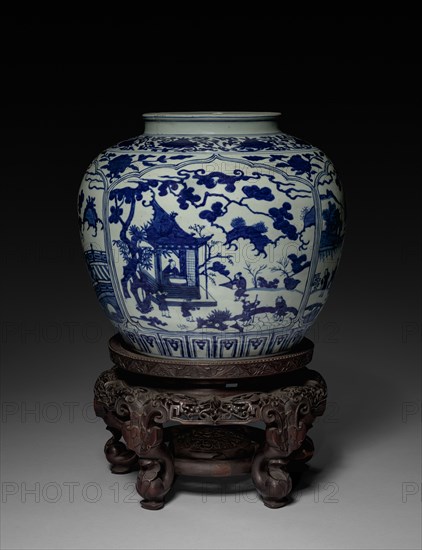Jar, 1522-1566. China, Jiangxi province, Jingdezhen kilns, Ming dynasty (1368-1644), Jiajing mark and reign (1521-1566). Porcelain with underglaze blue decoration; overall: 34.6 cm (13 5/8 in.).