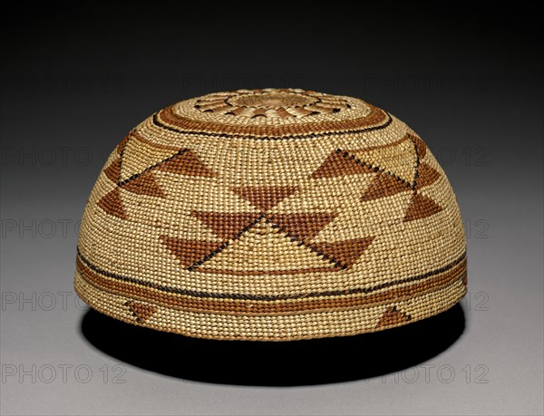 Hat, c  1875-1917. California, late 19th- early 20th century. Plain-twined hazel with decoration in beargrass; diameter: 9 x 18 cm (3 9/16 x 7 1/16 in.).
