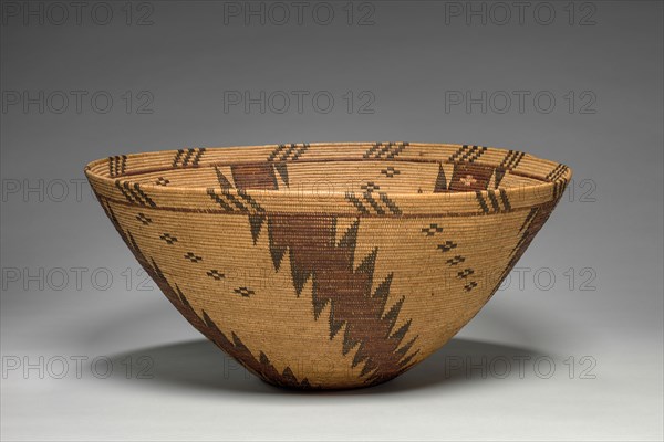 Food or Serving Bowl (Presentation Bowl), 1880- 90. Great Basin, Panamint- Shoshone, late 19th century. Sumac, devil's claw, yucca root, with orange shafted flicker (woodpecker) quills; coiled ( 2 rod and a bundle of deer grass or basket grass); diameter: 21.5 x 48 cm (8 7/16 x 18 7/8 in.).