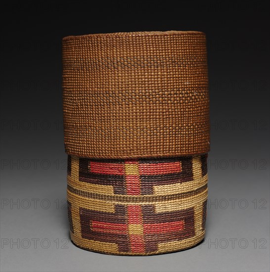 Telescoping basket, 1800's. Northwest Coast, Tlingit, 19th century. Twined spruce root with grass false embroidery; overall: 8 x 9.8 cm (3 1/8 x 3 7/8 in.).