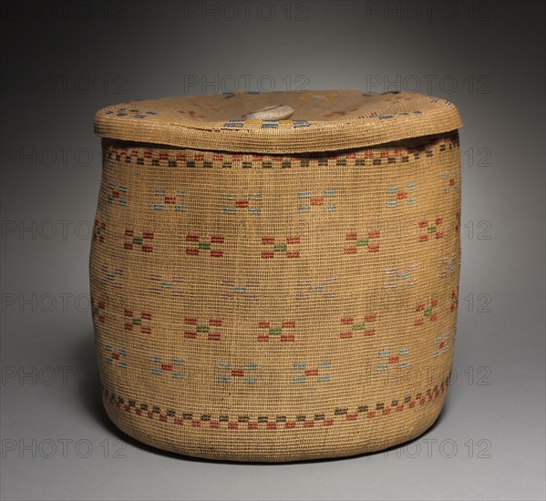 Lidded Twined Cylindrical Basket, late 1800 - early 1900. Arctic. Aleut (Attu), late 19th-early 20th century. Twined; overall: 4 x 30 cm (1 9/16 x 11 13/16 in.).