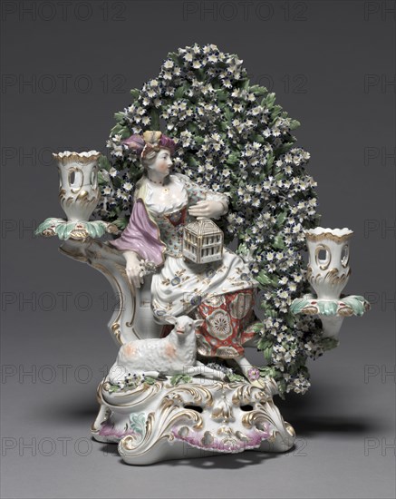 Candelabrum with Shepherdess, c. 1775. Derby Porcelain Factory (Chelsea-Derby Period). Soft-paste porcelain; overall: 31.1 x 25.7 x 15.6 cm (12 1/4 x 10 1/8 x 6 1/8 in.).