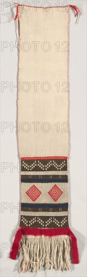 "Hopi Brocade" Style Dance Sash, c. 1874-1885. America, Native North American, Southwest, Pueblo (Hopi), Post-Contact, Late Classic Period. Plain weave with supplementary weft wrap; wool (handspun, Germantown, and bayeta); overall: 125 x 51.5 cm (49 3/16 x 20 1/4 in.).