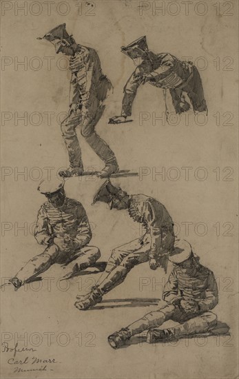 Five Studies of a Soldier, fourth quarter 19th century or first third 20th century. Carl Marr (American, 1858-1936). Graphite; sheet: 33.4 x 21.5 cm (13 1/8 x 8 7/16 in.); secondary support: 39.1 x 26.5 cm (15 3/8 x 10 7/16 in.).