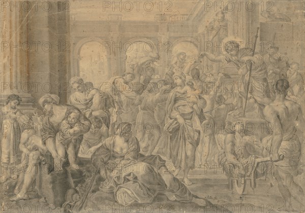 Copy of Annibale Carracci's St. Roch Giving Alms, 1595 or after. Copy after Annibale Carracci (Italian, c. 1560-1609). Black chalk/charcoal(?) with stumping, with brush and brown and gray wash; framing lines in black chalk/charcoal(?); sheet: 48.5 x 69 cm (19 1/8 x 27 3/16 in.).