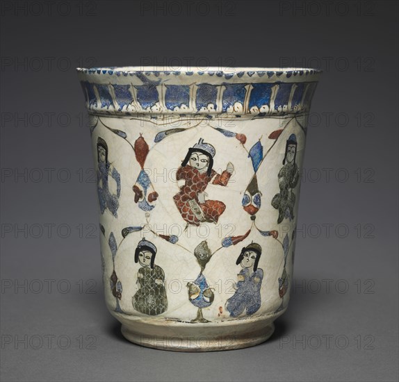 Minai Beaker with Seated Princes, 1180-1220. Iran, Kashan, Seljuk Period. Fritware with overglaze-painted design (minai ware); overall: 13.3 x 12.3 cm (5 1/4 x 4 13/16 in.).