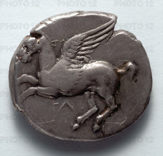 Corinthian Stater: Pegasus (obverse), c. 380 BC. Greece, 4th century BC. Silver; diameter: 2.2 cm (7/8 in.).