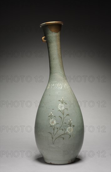 Bottle with Chrysanthemum Design, 1100s. Korea, Goryeo period (918-1392). Celadon ware with inlaid white and black slip decoration; diameter: 14.7 cm (5 13/16 in.); overall: 40.4 cm (15 7/8 in.).