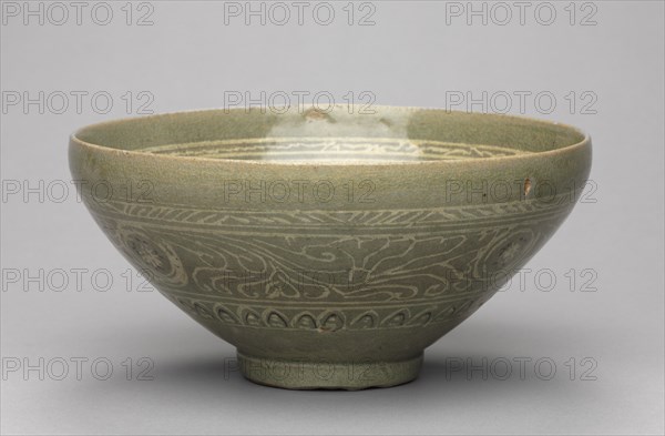 Bowl with Inlaid Waterfowl, Willow, and  Reed Design, 1300s. Korea, Goryeo period (918-1392). Celadon with inlaid design; diameter of mouth: 19.7 cm (7 3/4 in.); overall: 9.1 cm (3 9/16 in.).