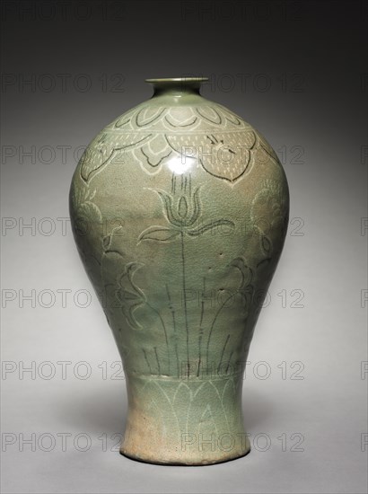 Vase with Inlaid Lotus and Reed Design, 918-1392. Korea, Goryeo period (918-1392). Celadon ware with inlaid white and black slip decoration; overall: 33 cm (13 in.).