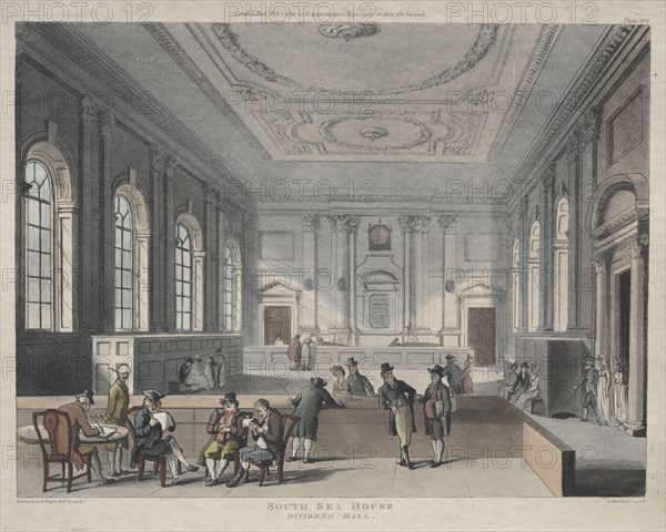 South Sea House, Dividend Hall, 1810. Thomas Rowlandson (British, 1756-1827), and Augustus Charles Pugin (British, 1762-1832). Etching