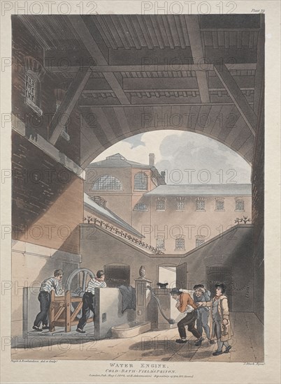 Water Engine, Cold Bath, Field's Prison, 1808. Thomas Rowlandson (British, 1756-1827), and Augustus Charles Pugin (British, 1762-1832). Etching