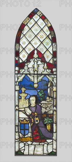 Stained Glass Panel with Female Donor, c. 1480. France, 15th century. Pot metal, white glass with silver stain ; overall: 156 x 43.5 x 1.5 cm (61 7/16 x 17 1/8 x 9/16 in.)