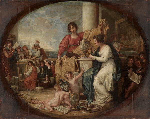 British Manufactory; A Sketch, 1791. Benjamin West (American, 1738-1820). Oil on paper mounted on wood; framed: 67.4 x 80 x 5.2 cm (26 9/16 x 31 1/2 x 2 1/16 in.); unframed: 51 x 65 cm (20 1/16 x 25 9/16 in.).