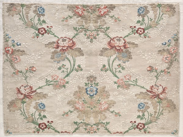 Taffeta Fragment, c. 1730. France, 18th century, Period of Louis XVI (1774-1793). Taffeta, warp-patterned and brocaded; silk; overall: 52.7 x 40 cm (20 3/4 x 15 3/4 in.)