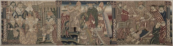 Section of an Embroidered Frieze: Ahasuerus and Esther, The Pope Chiding the Emperor, Henry VIII treading on the Pope's Neck, 1625-1649. England, Period of Charles I (1625-1649), 17th century. Petit-point embroidery; wool and silk; overall: 43.7 x 164.4 cm (17 3/16 x 64 3/4 in.)