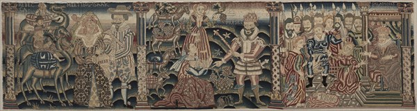 Section of an Embroidered Frieze: Rebecca Meeting Isaac, Abigail Meeting David with a Present, The Judgment of Solomon, 1625-1649. England, Period of Charles I (1625-1649), 17th century. Petit-point embroidery; wool and silk; overall: 43.2 x 164.8 cm (17 x 64 7/8 in.)