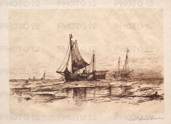 Fishing Boats on the Beach at Scheveningen. Maurits Frederik Hendrik De Haas (American, 1832-1895). Etching