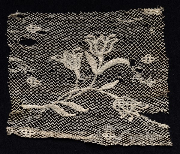 Fragment of a Band with Floral Motif, 18th century. Spain, 18th century. Needle lace, filet/lacis (knotted ground and darned in one direction); bleached linen (est.); overall: 18.5 x 15.3 cm (7 5/16 x 6 in.).