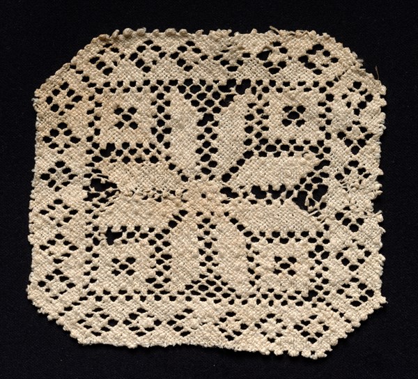 Fragment with Floral Motif, 17th-18th century. Spain, 17th-18th century. Needle lace, filet/lacis (knotted ground and darned in two directions); bleached linen (est.); overall: 14.6 x 15.1 cm (5 3/4 x 5 15/16 in.).