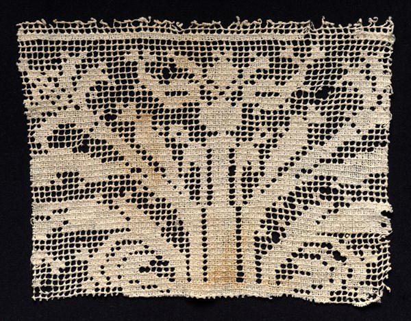 Fragment of a Band with Branching Vegetation, 17th century. Spain, 17th century. Needle lace, filet/lacis (knotted ground and darned in two directions); bleached linen (est.); overall: 17.6 x 23 cm (6 15/16 x 9 1/16 in.)