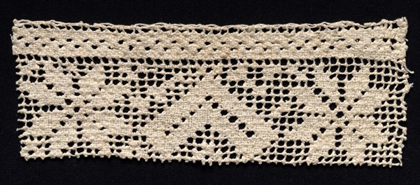 Fragment of a Band with Floral Motif, 17th-18th century. Spain, 17th-18th century. Needle lace (knotted ground and darned in two directions); bleached linen (est.); overall: 7.6 x 20.7 cm (3 x 8 1/8 in.)