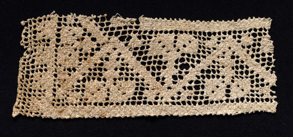 Fragment of a Band with Abstract Pattern, 17th-18th century. Spain, 17th-18th century. Needle lace, filet/lacis (knotted ground and darned in two directions); bleached linen (est.); overall: 8.2 x 21.6 cm (3 1/4 x 8 1/2 in.)